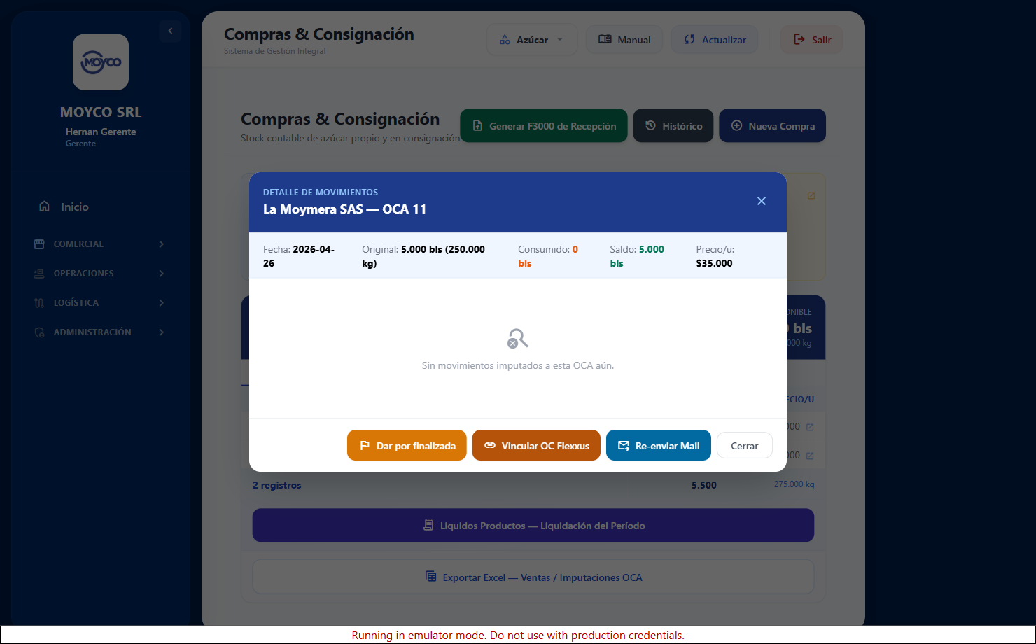 Detalle de una OCA de consignación
