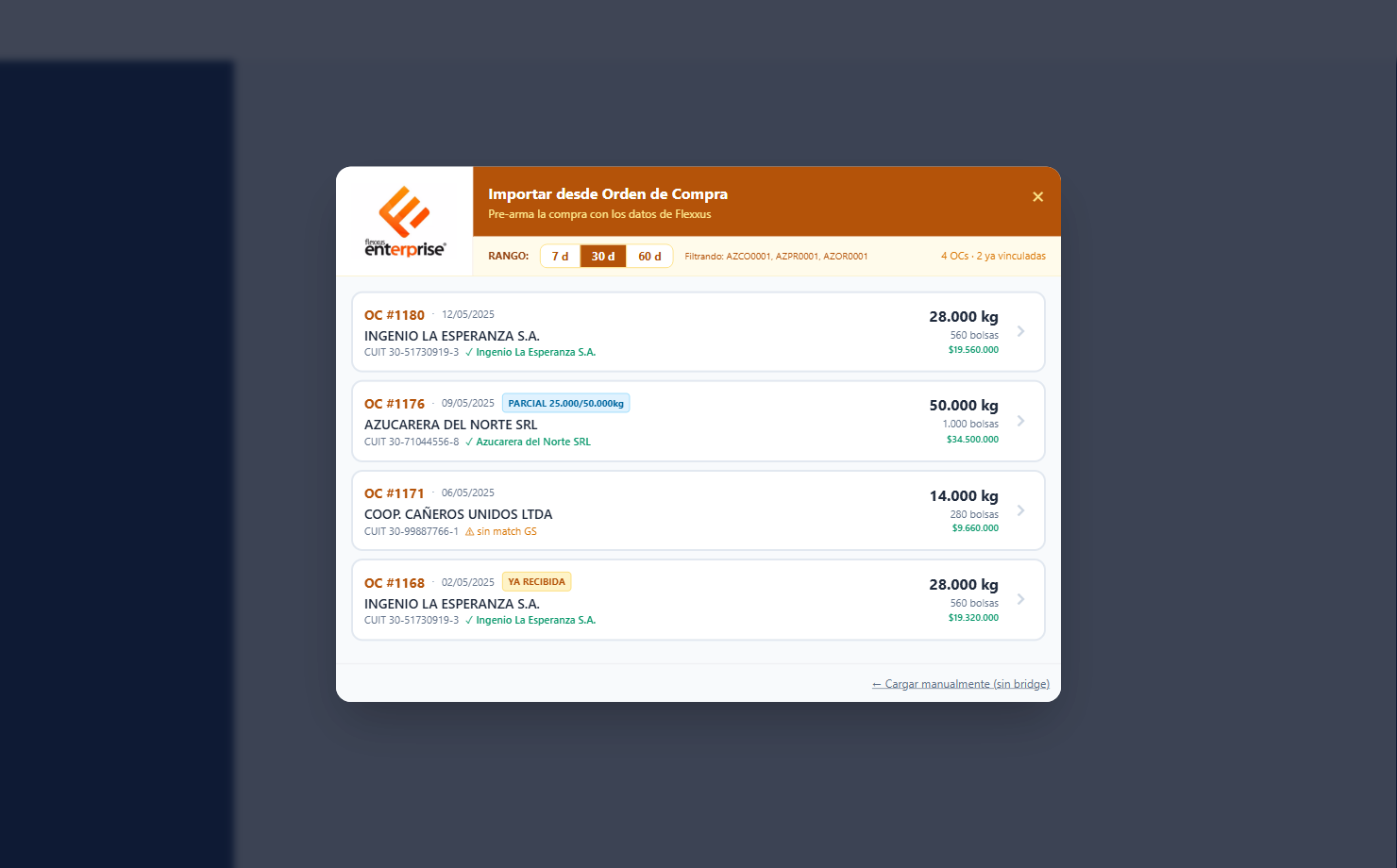 Selector de Órdenes de Compra de Flexxus