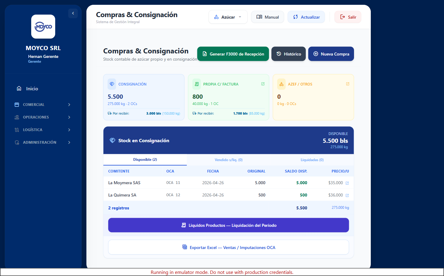 Pantalla principal de Compras y Consignación