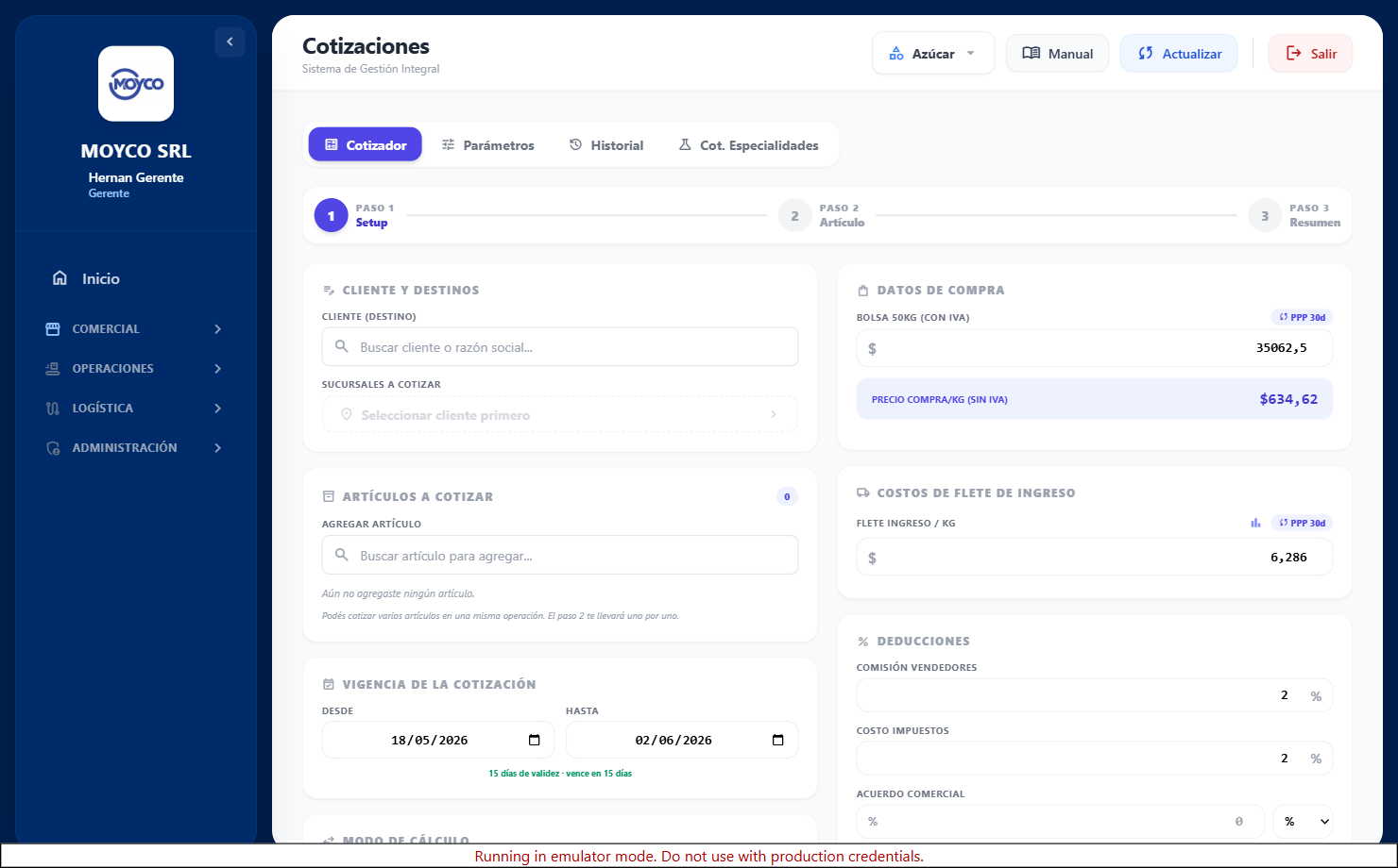 Cotizador — wizard paso 1