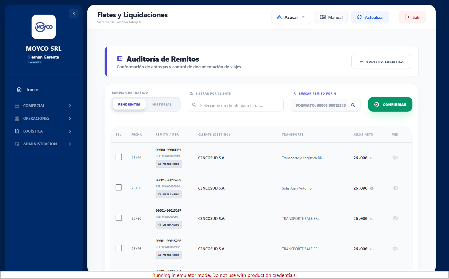 Pantalla de Auditoría de Remitos