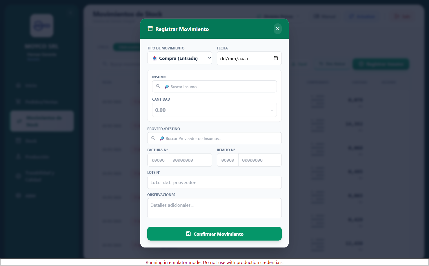 Modal nuevo movimiento de insumo