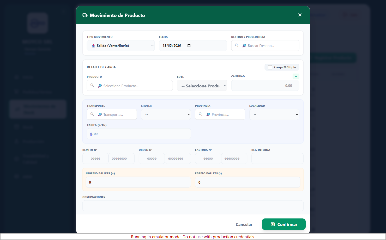 Modal nuevo movimiento de producto