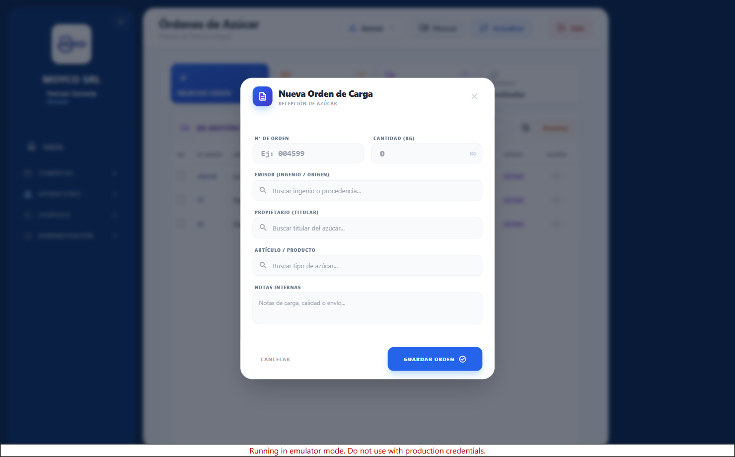 Modal Nueva Orden de Carga