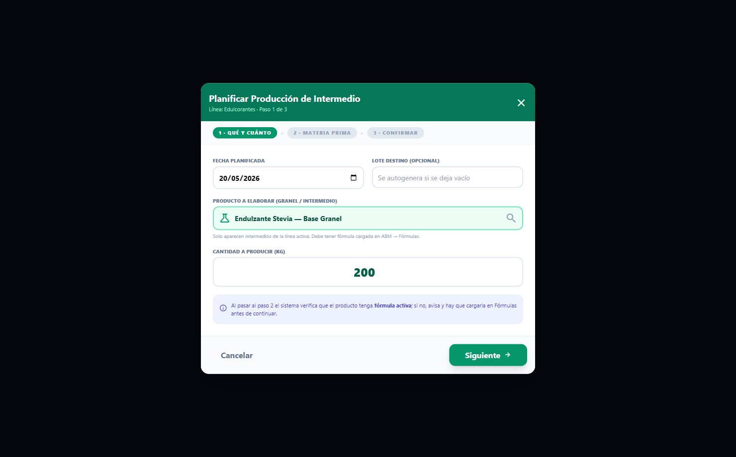 Asistente Nueva OP — Paso 1 (Edulcorantes)