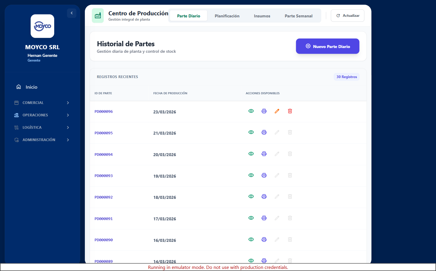 Hub de Producción — Parte Diario