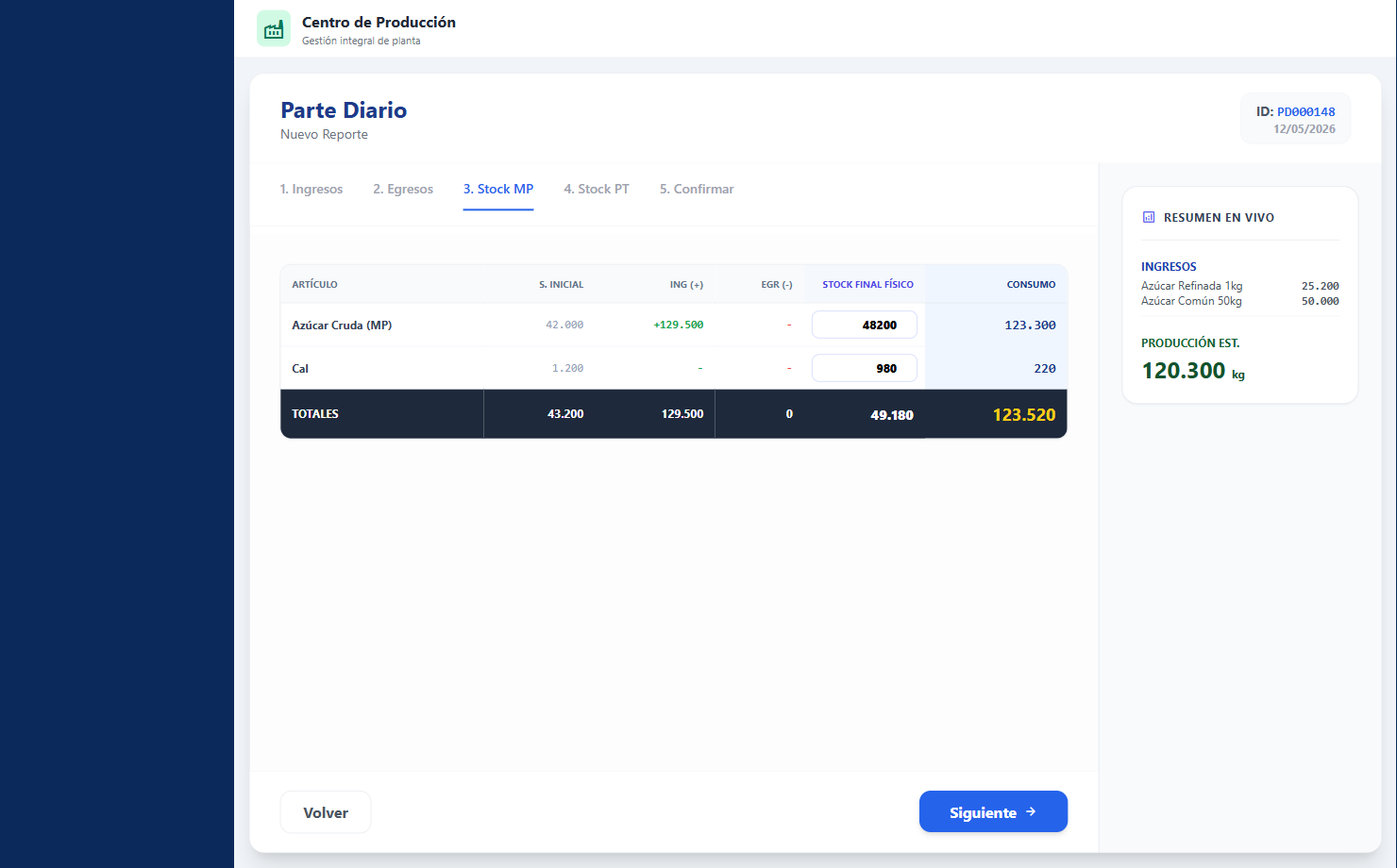 Parte Diario — Paso 3 Stock MP