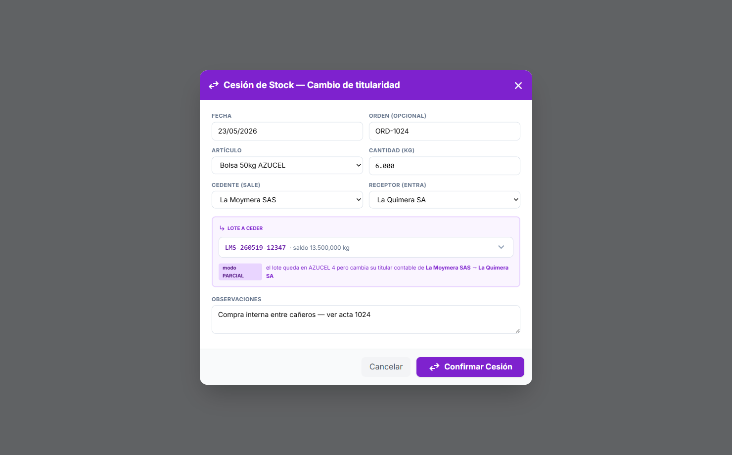 Modal Cesión con sección Lote a ceder (violeta)