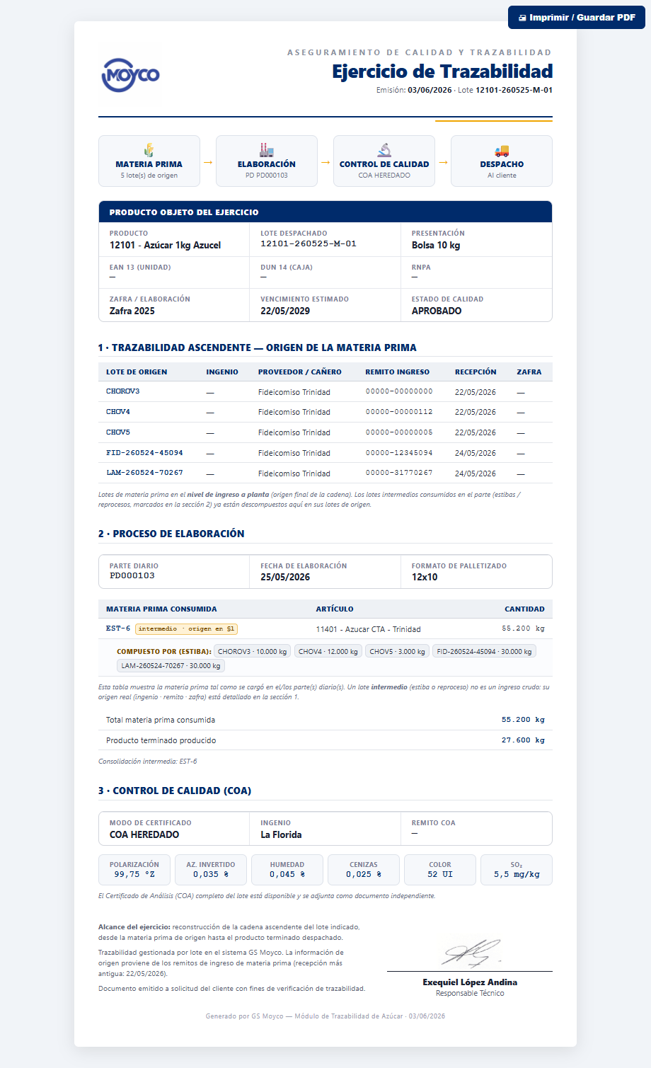 Documento de Ejercicio de Trazabilidad / Recall generado para el cliente