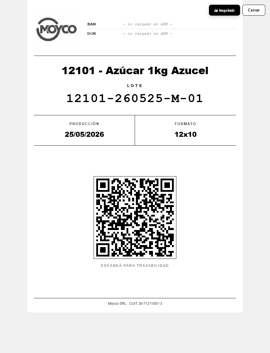 Etiqueta de pallet con código de lote y QR