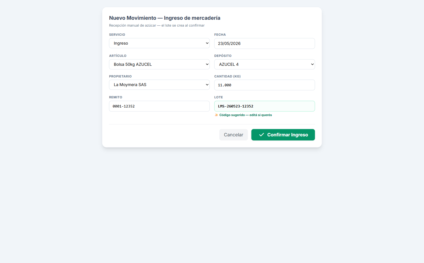 Form de ingreso con campo de lote sugerido