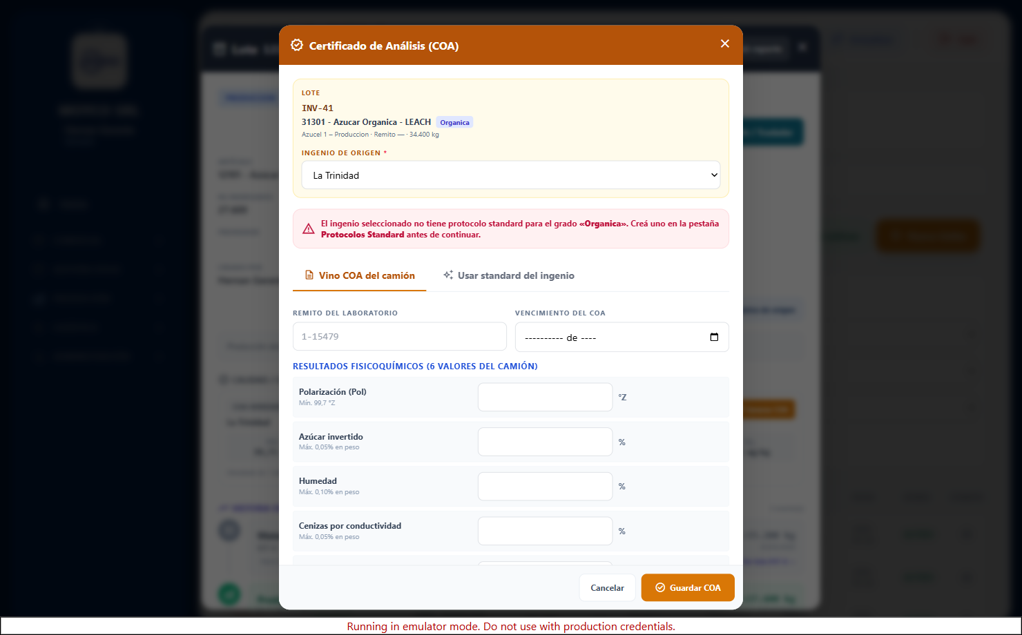 Modal para cargar o editar el COA de un lote