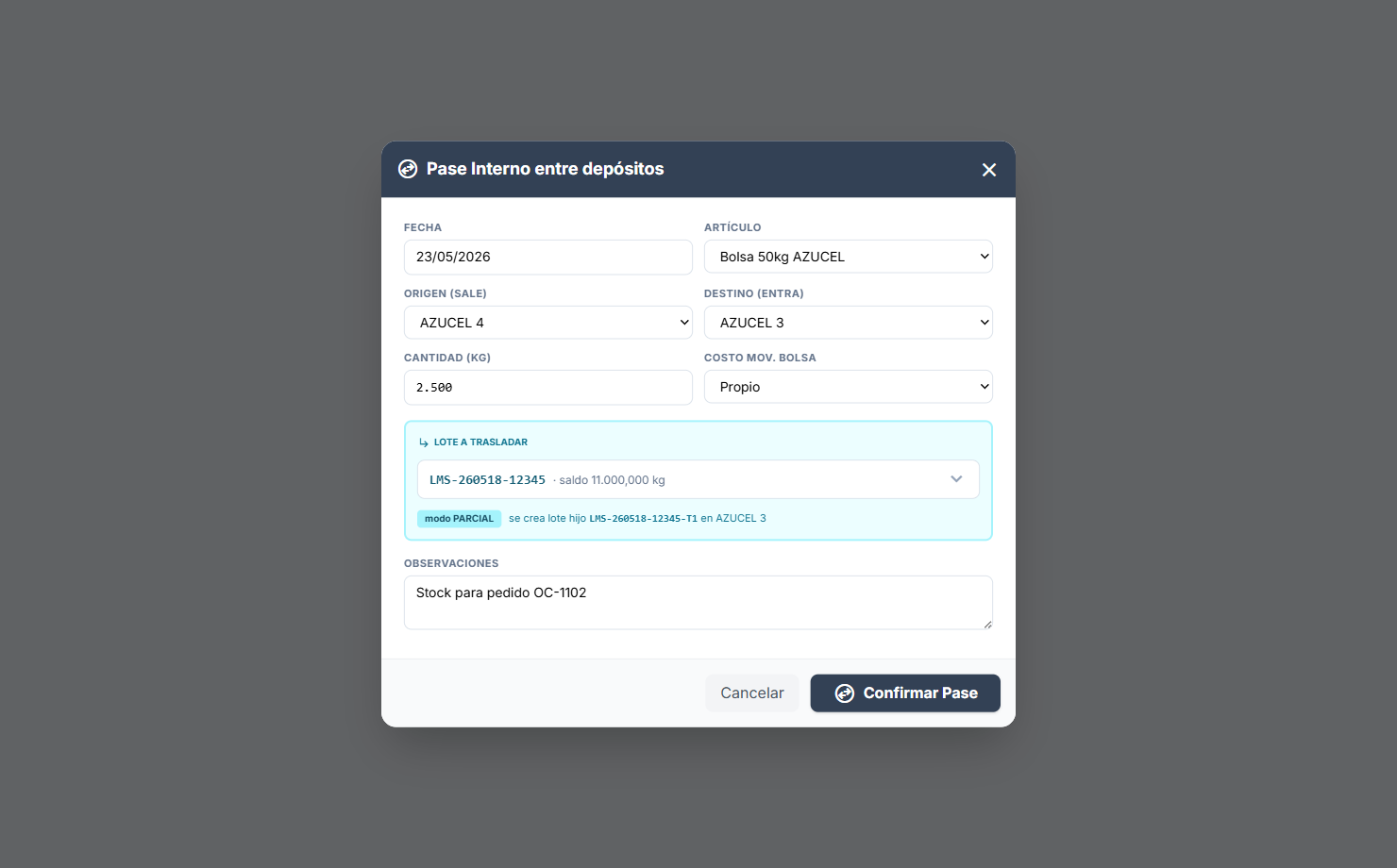 Modal de Pase Interno con sección Lote a trasladar (cyan)