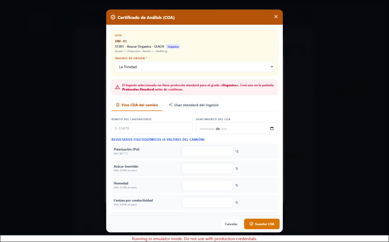 Modal obligatorio de Protocolo de Calidad al confirmar la recepción