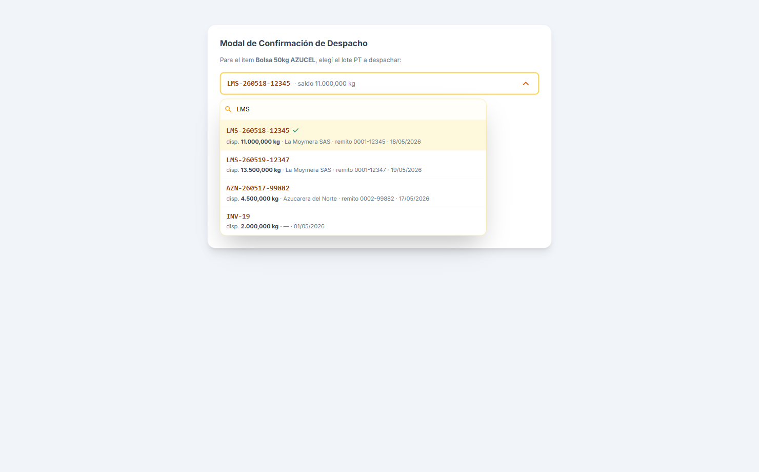 Popover del selector de lote