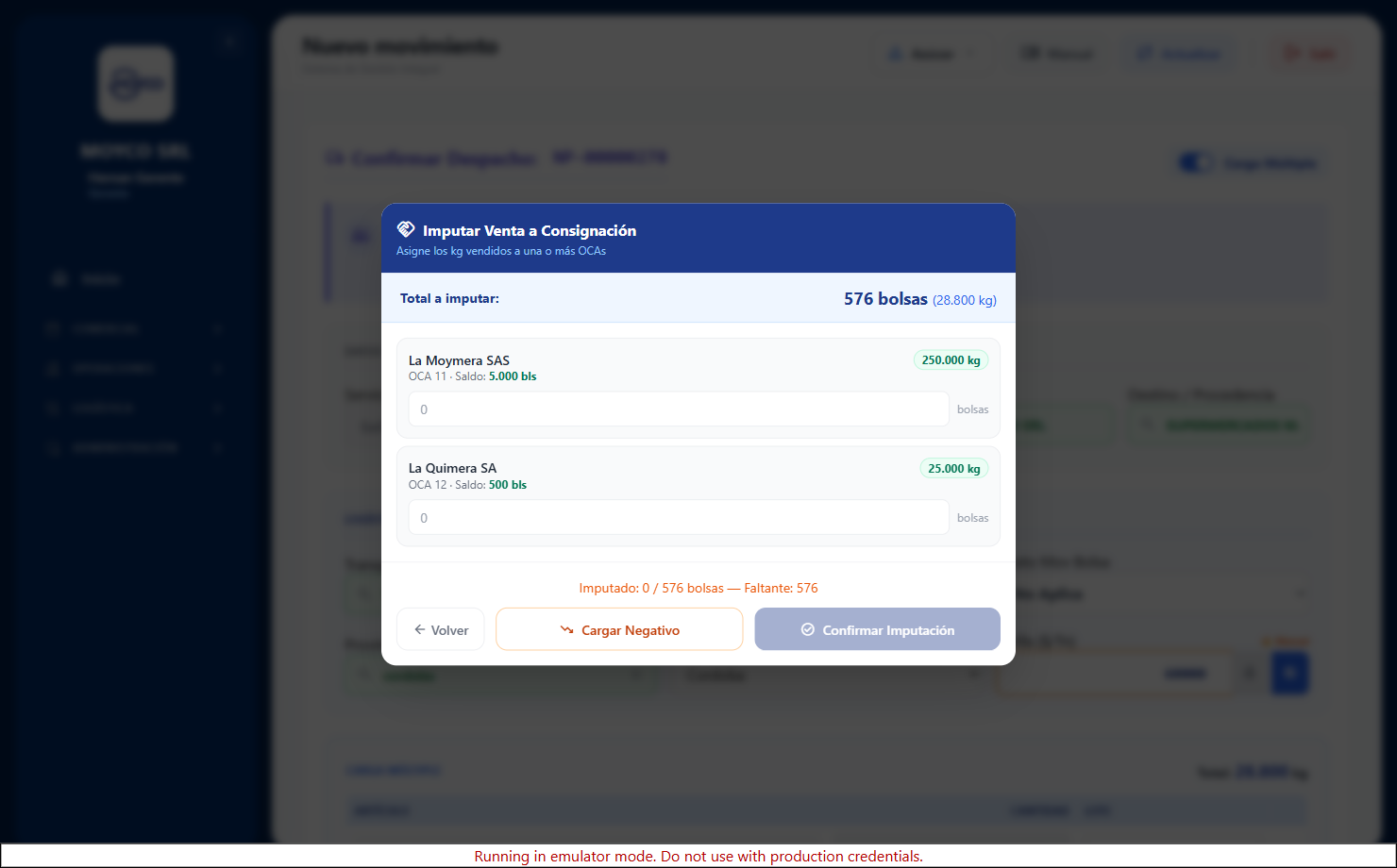 Modal de imputación de OCAs de consignación