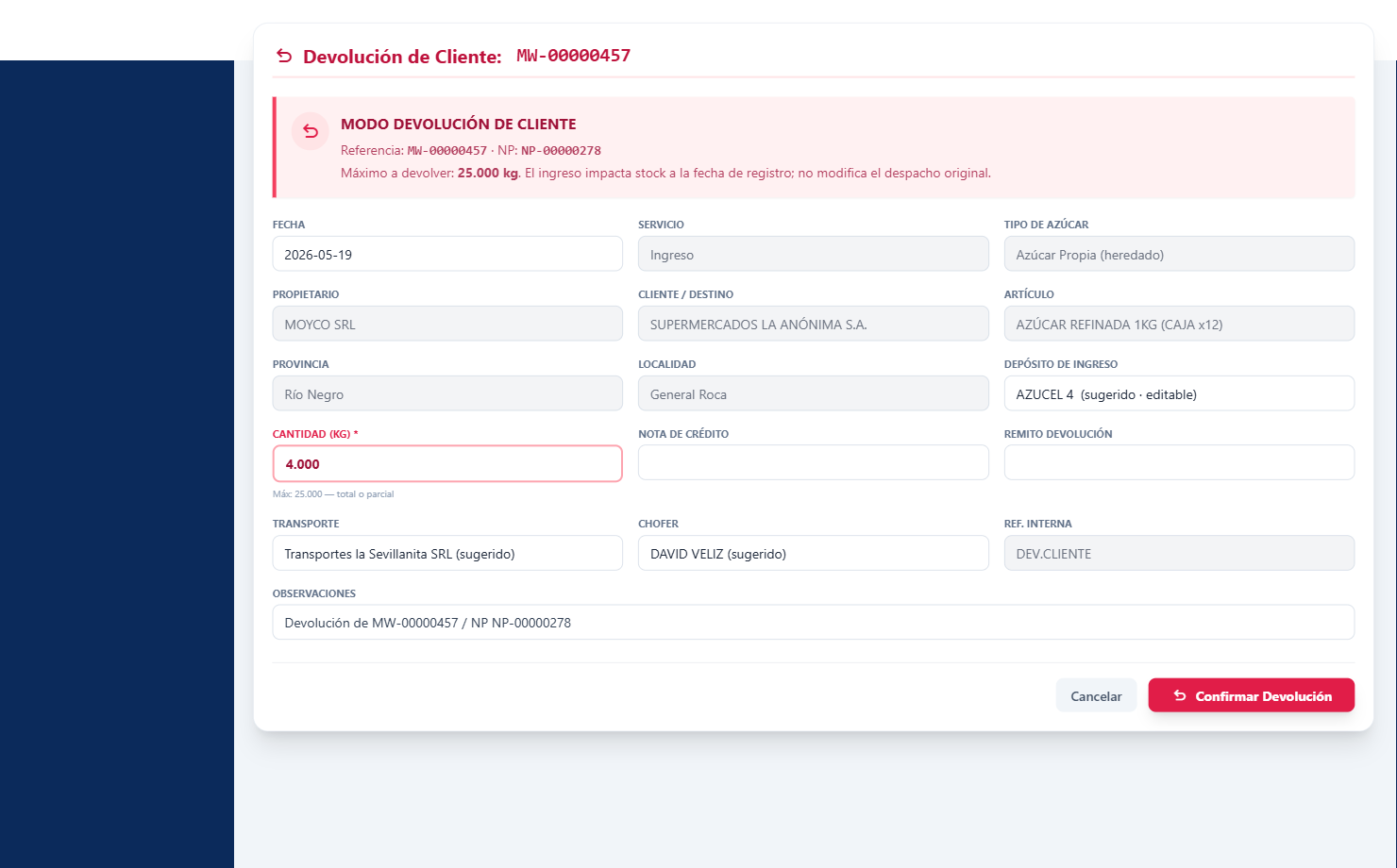 Formulario en modo Devolución de Cliente